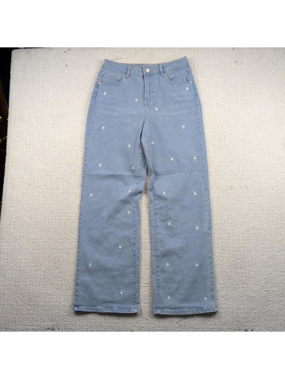 Y2K Forever 21 Baggy Wide Leg Jeans Wom Sz 7 Stars Embroidery AOP Skater 2000's